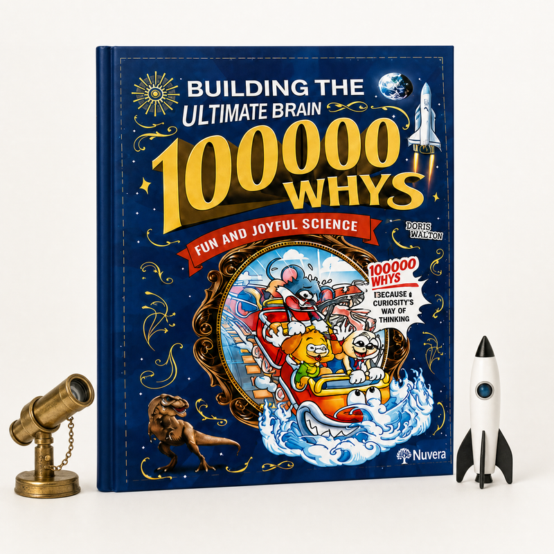 100,000 Whys hardcover encyclopedia studio shot with telescope and toy rocket